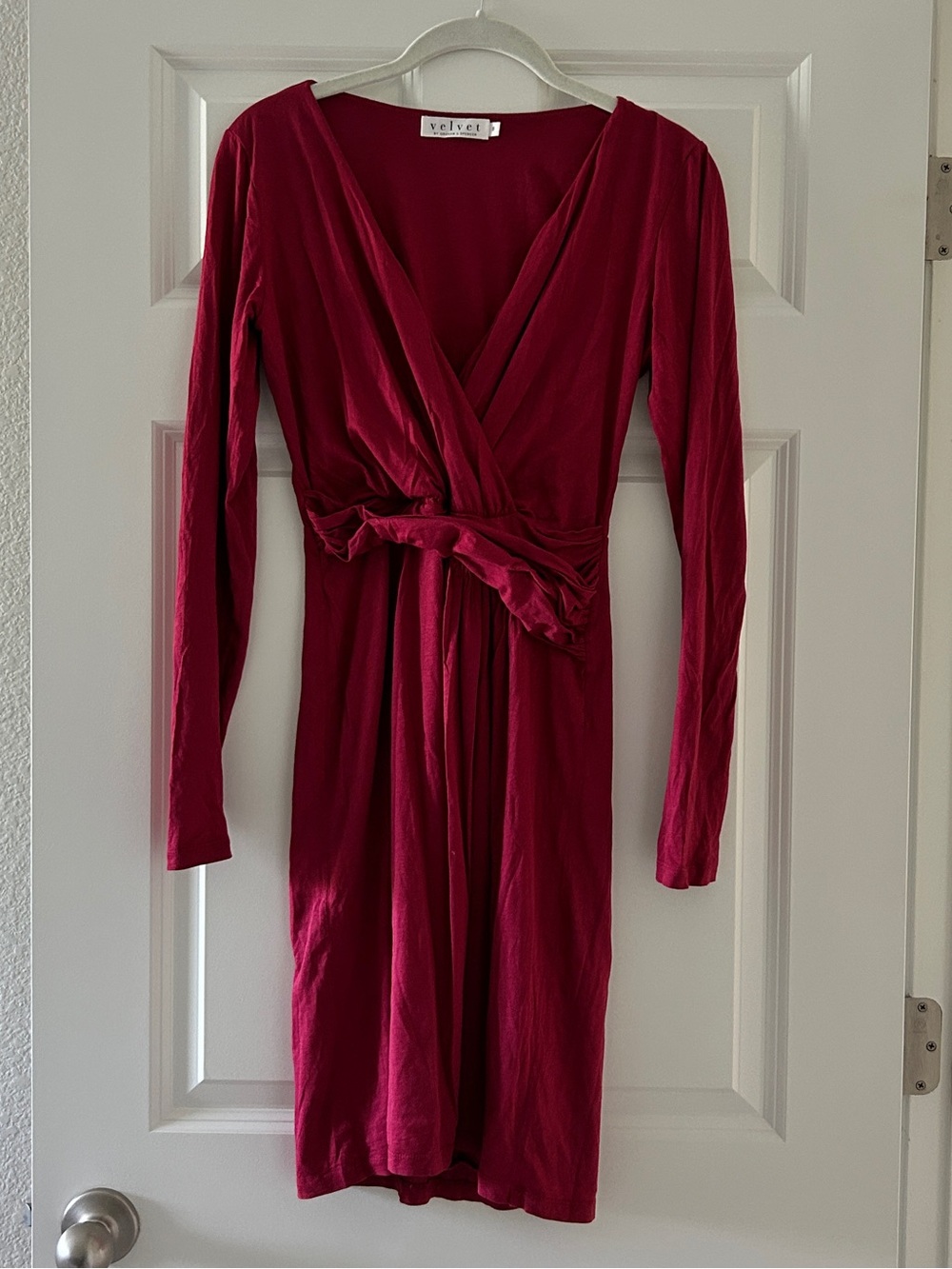 Anthropologie Velvet by Graham & Spencer Berry-Red Long Sleeve Faux Wrap Dress